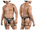 Black leather-like harness style underwear with attached silver handcuffs from Candyman 99835 police outfit in black