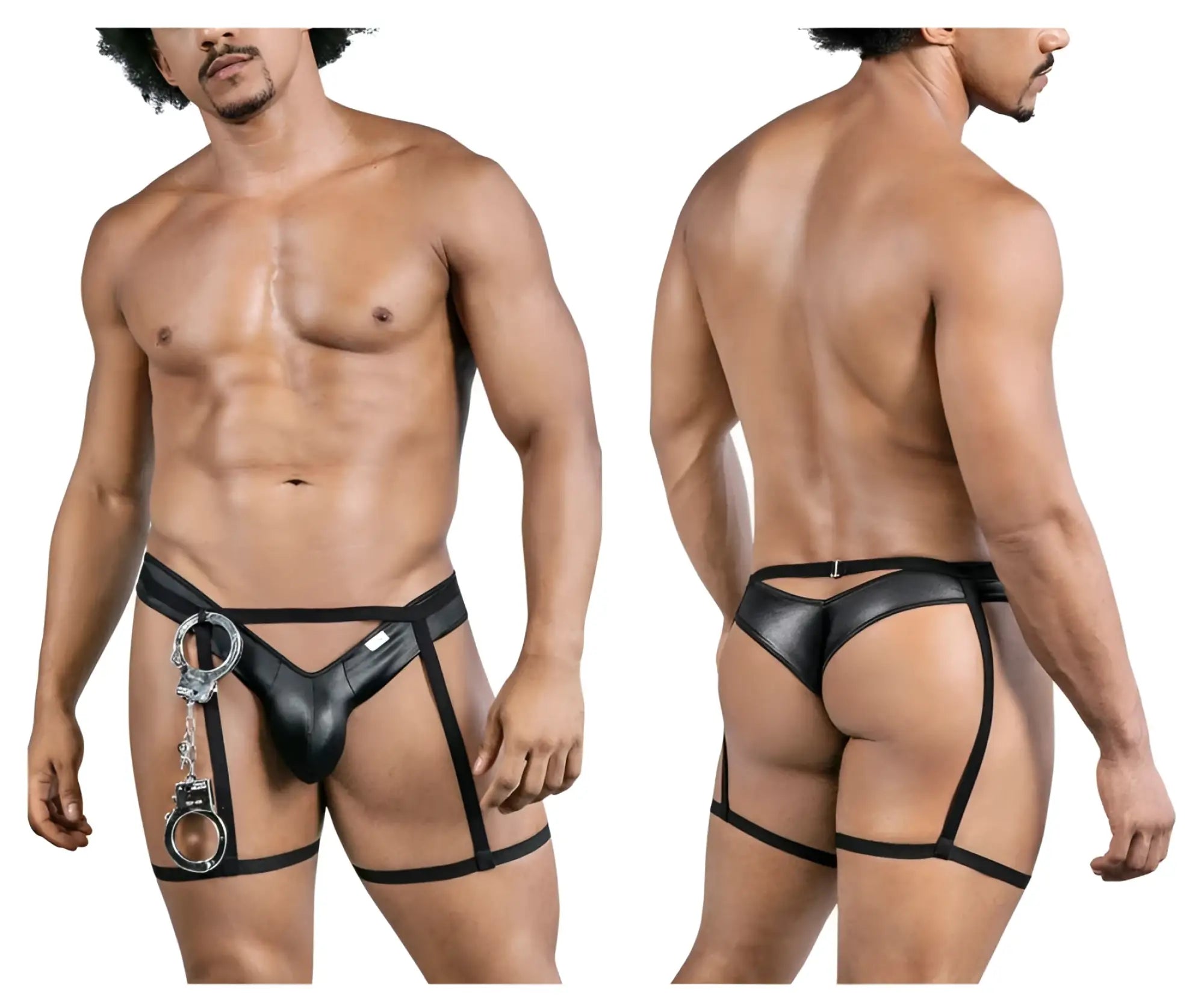 Black leather-like harness style underwear with attached silver handcuffs from Candyman 99835 police outfit in black