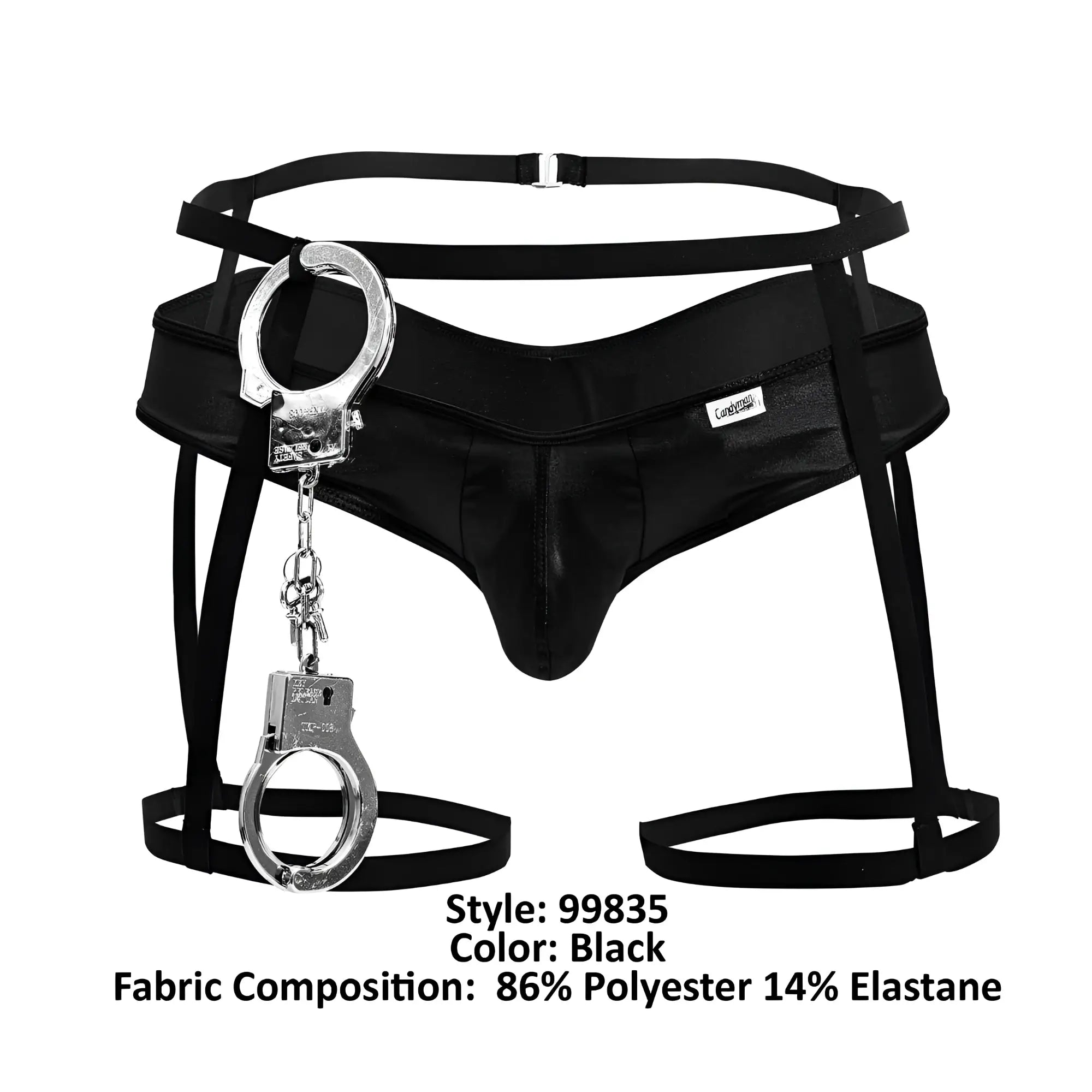 Black leather-like men’s bondage briefs with silver handcuffs front detail candy man 99835 police outfit black