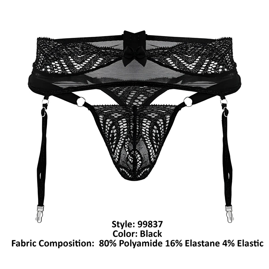 Black lace garter belt candyMan 99837 with central bow and adjustable straps in black lace material
