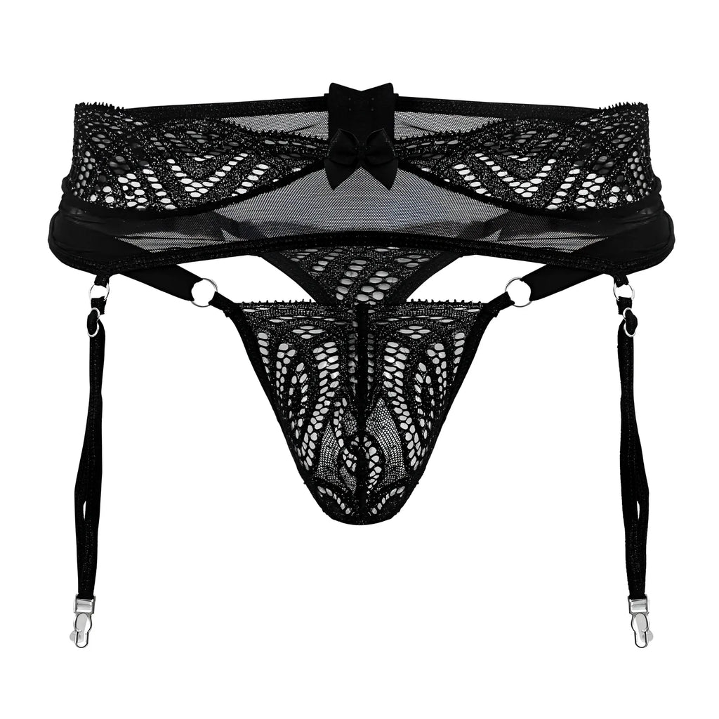 Black lace garter belt candy man 99837 with central bow and adjustable straps in black lace material