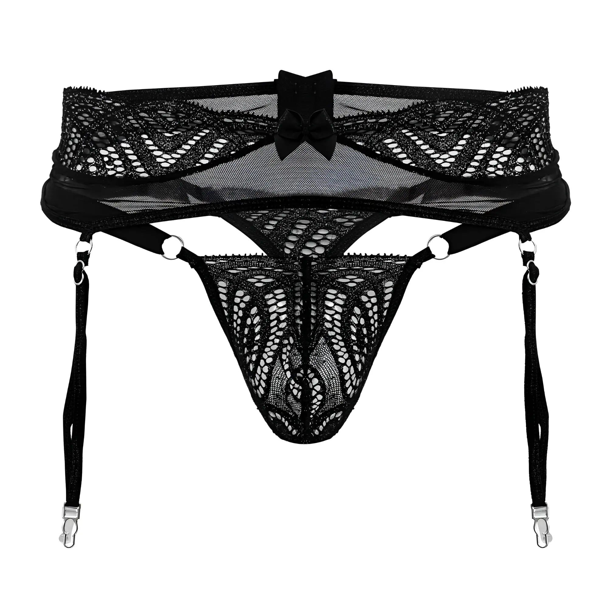Black lace garter belt candy man 99837 with central bow and adjustable straps in black lace material
