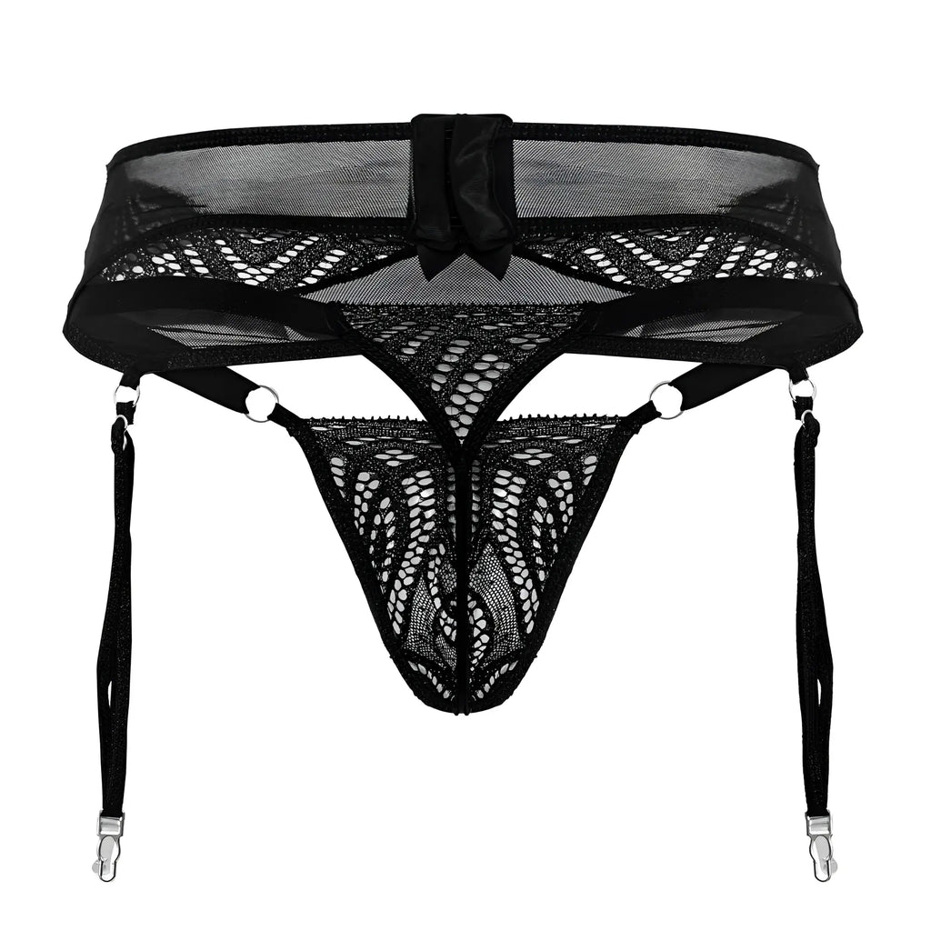 CandyMan 99837 black lace garter belt with mesh and bow detail for elegant lingerie wear