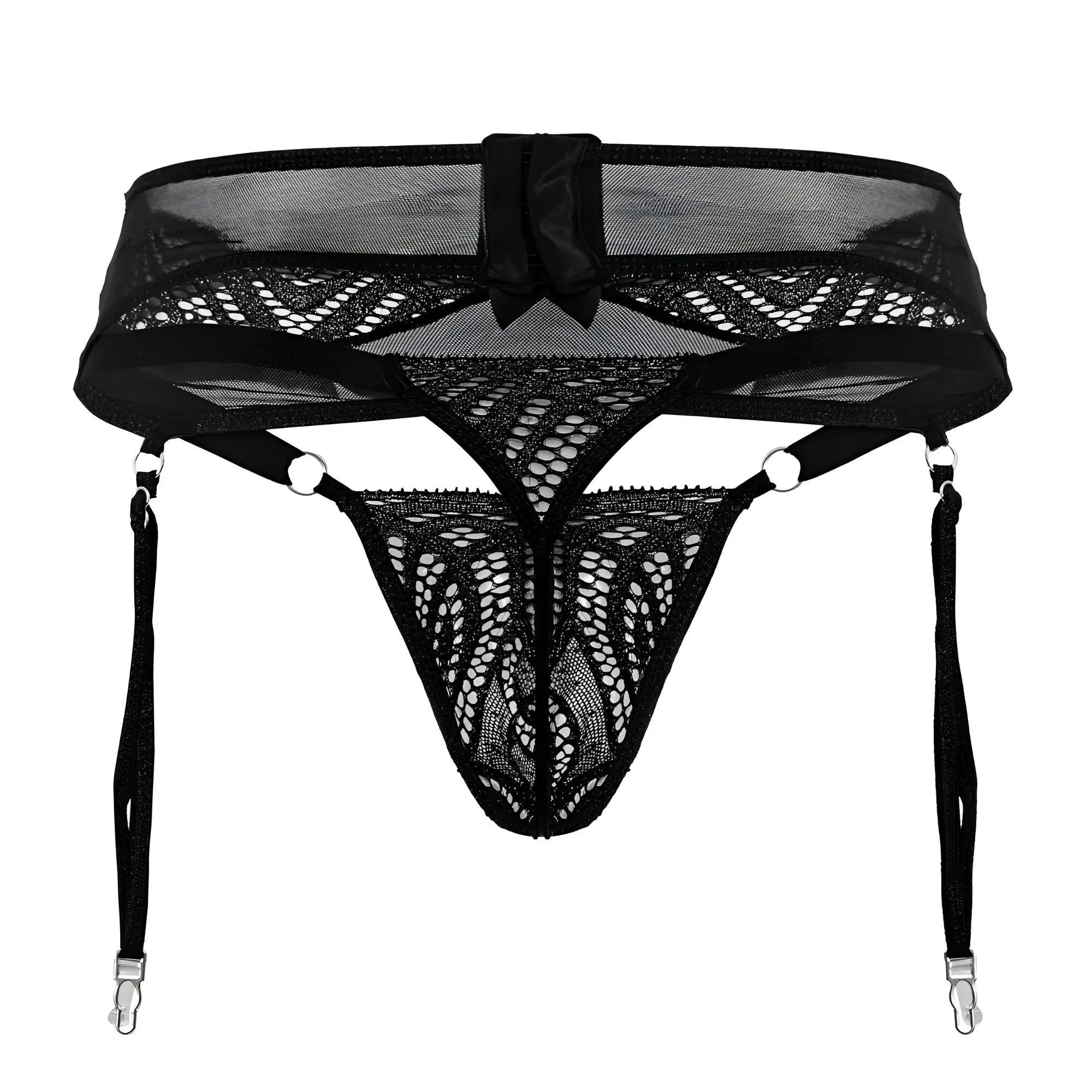 CandyMan 99837 black lace garter belt with mesh and bow detail for elegant lingerie wear