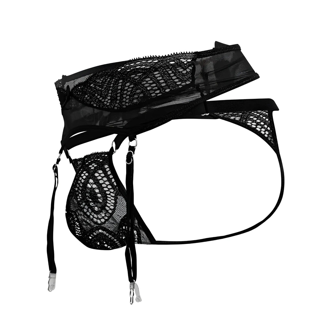 Black lace garter belt candy man 99837 with mesh panels and adjustable straps in black color