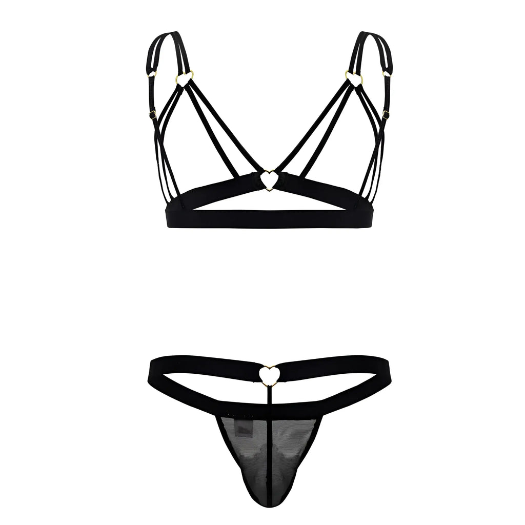 Black lace-trimmed thong with heart-shaped metal clasp and matching black bra set candyMan 99838 two-piece outfit