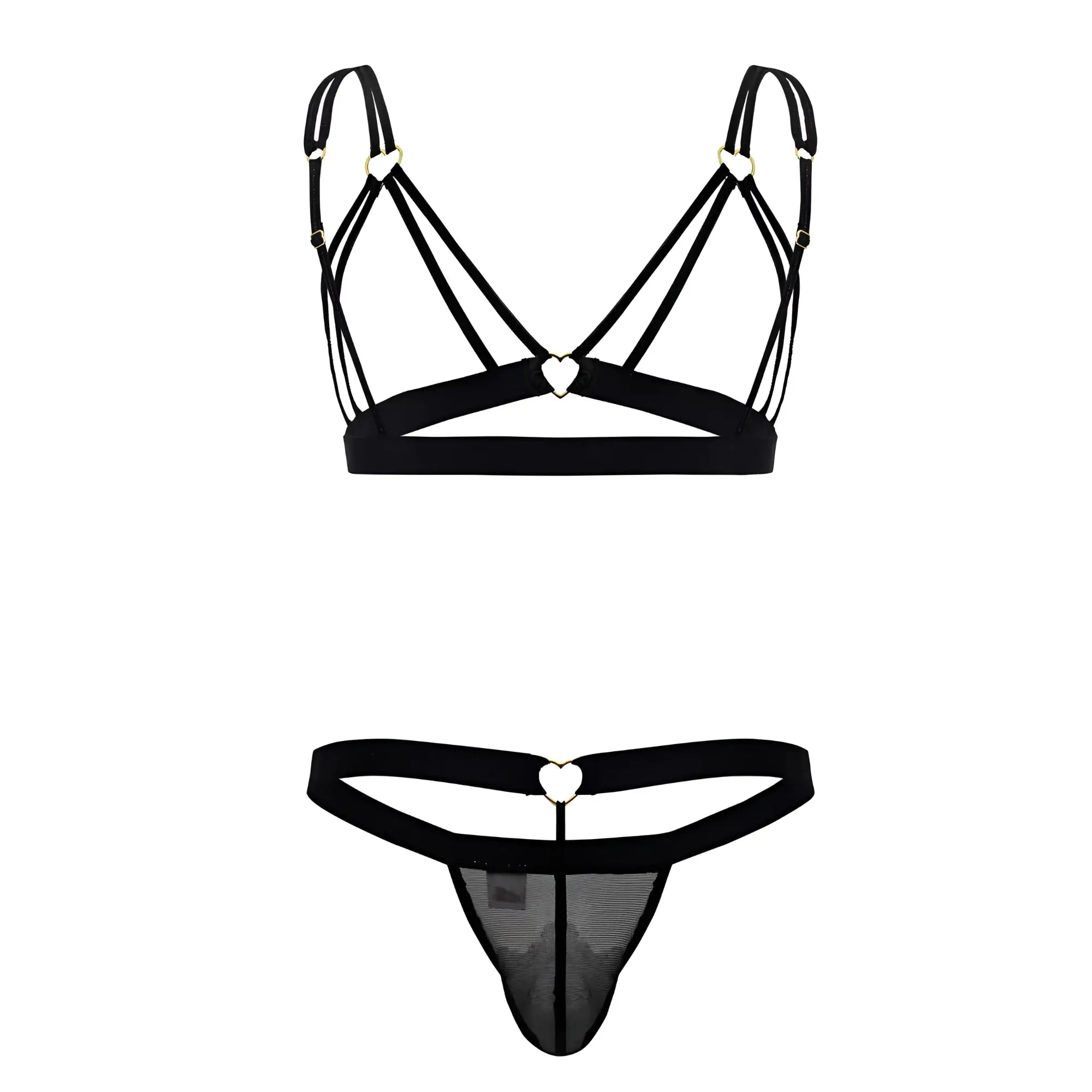 Black lace-trimmed thong with heart-shaped metal clasp and matching black bra set candyMan 99838 two-piece outfit