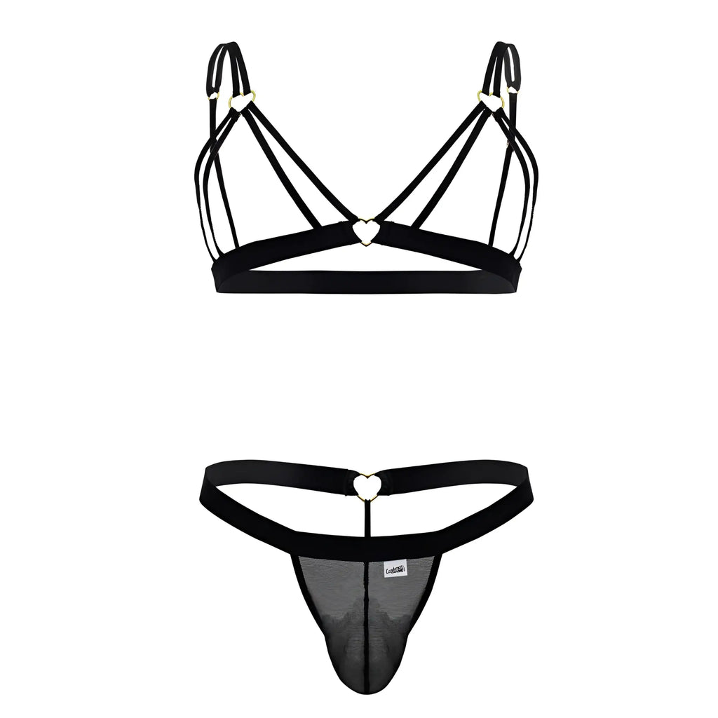 Black lace-trimmed thong with heart-shaped metal accents and mesh paneling from candyman 99838 two piece outfit