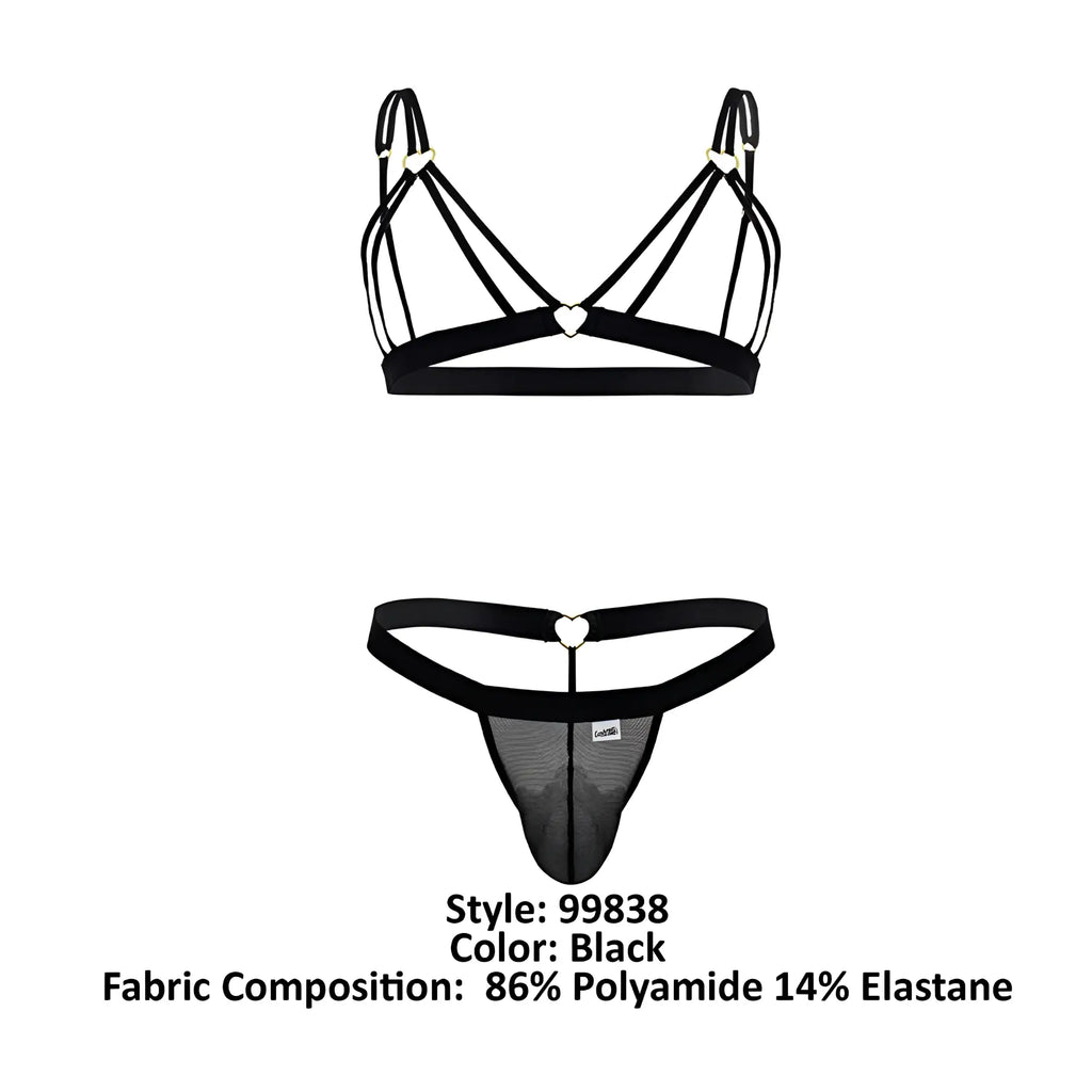 Black lace-trimmed thong with heart-shaped metal clasps and mesh panel from candyman 99838 two piece outfit