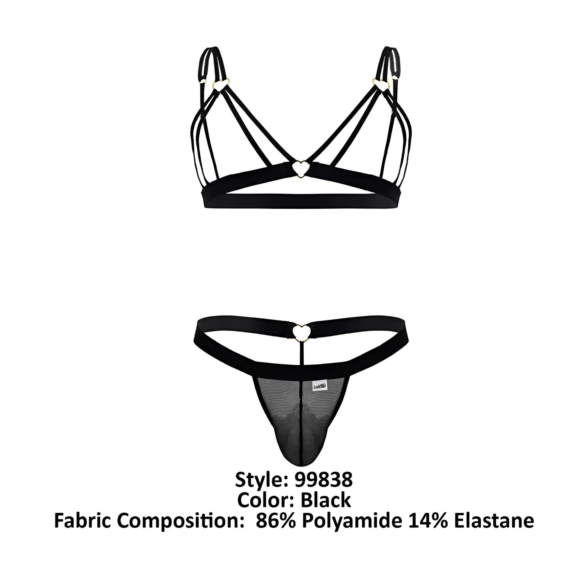 Black lace-trimmed thong with heart-shaped metal clasps and mesh panel from candyman 99838 two piece outfit