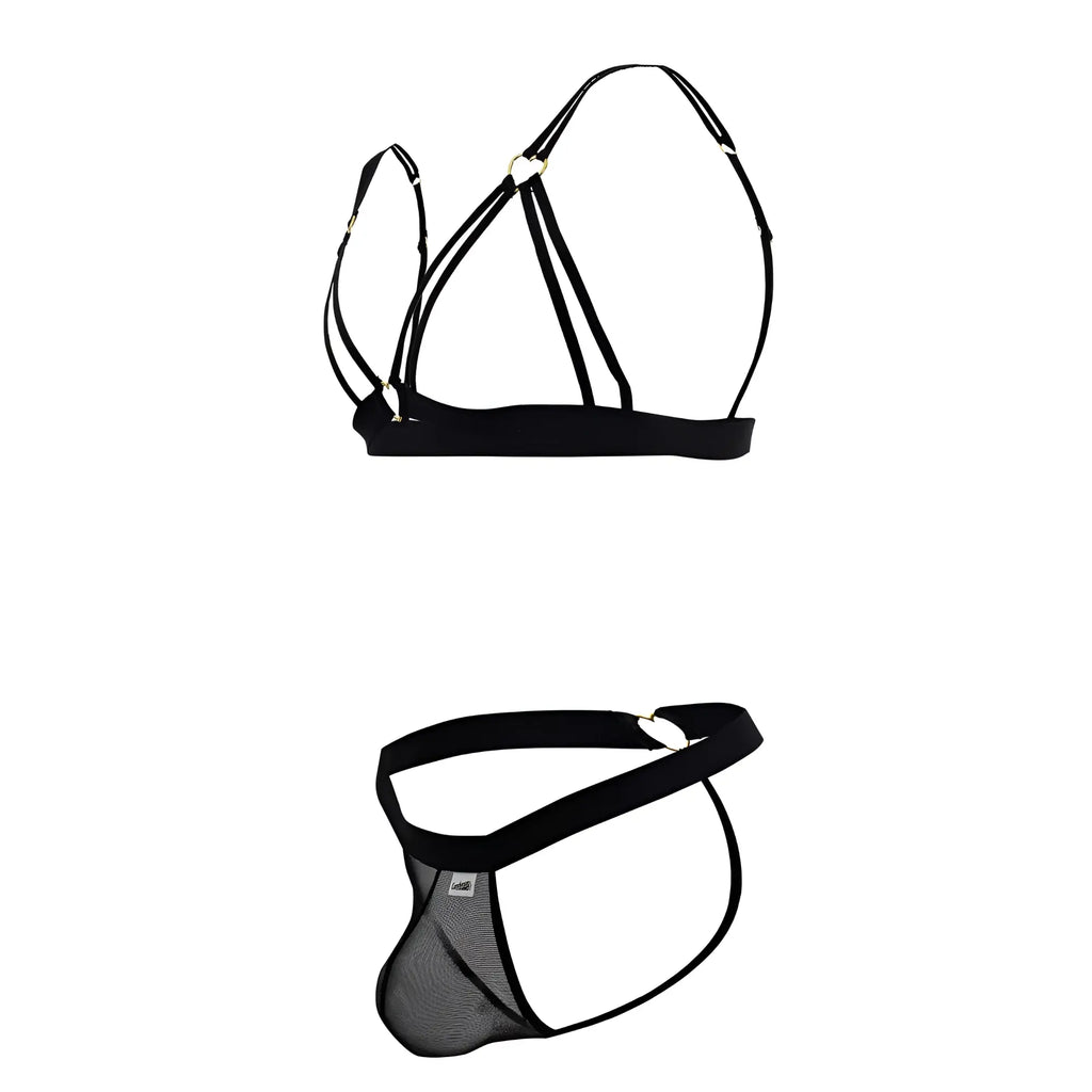 Black mesh and elastic strap lingerie set with heart shaped metal clasp candyMan 99838 two piece outfit