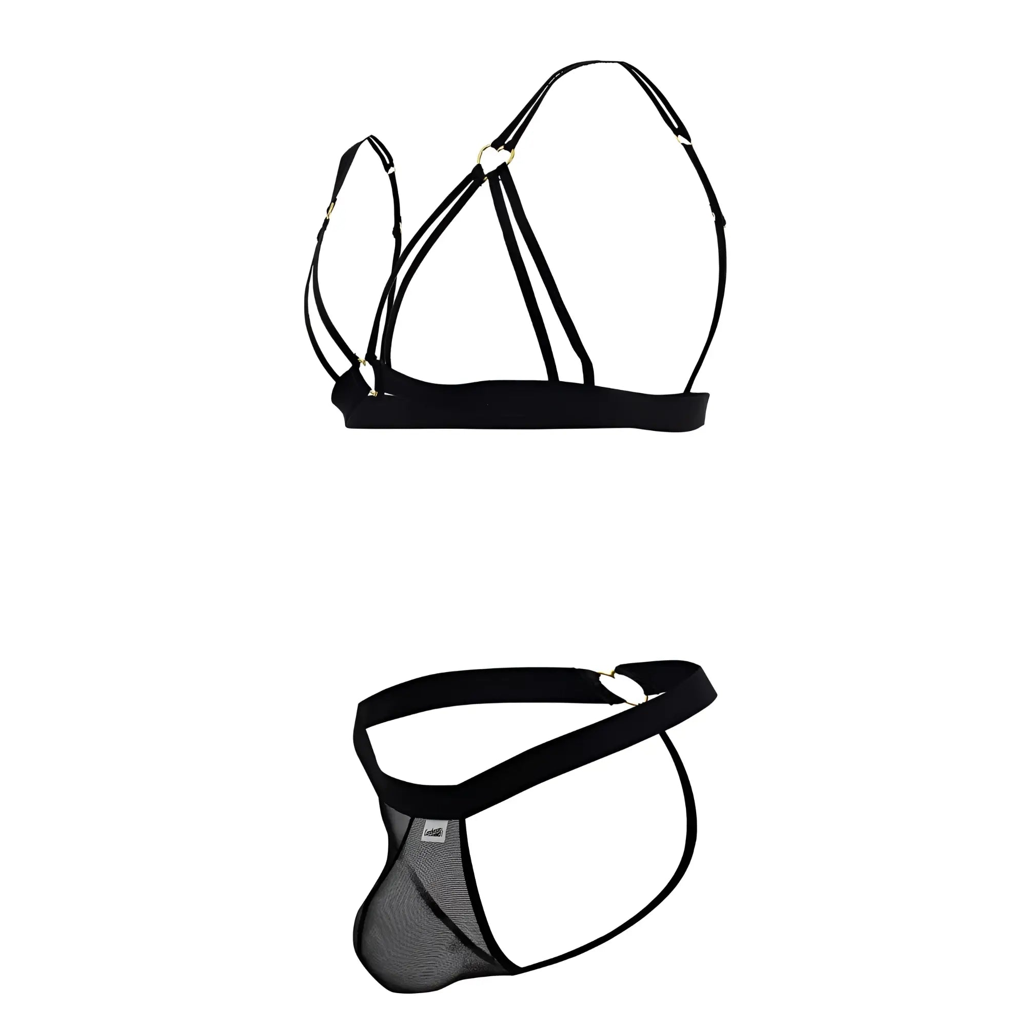 Black mesh and elastic strap lingerie set with heart shaped metal clasp candyMan 99838 two piece outfit