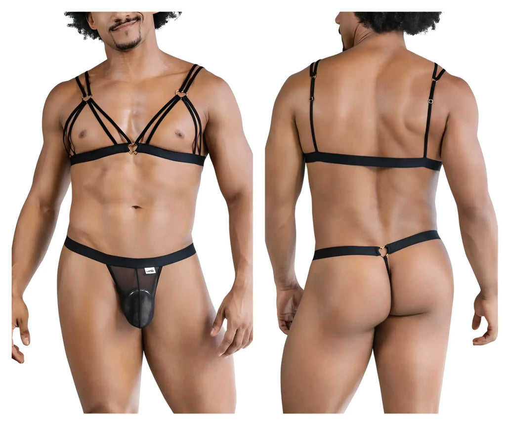 Black mesh thong with solid black triangular front panel and adjustable straps from CandyMan 99838 two piece outfit