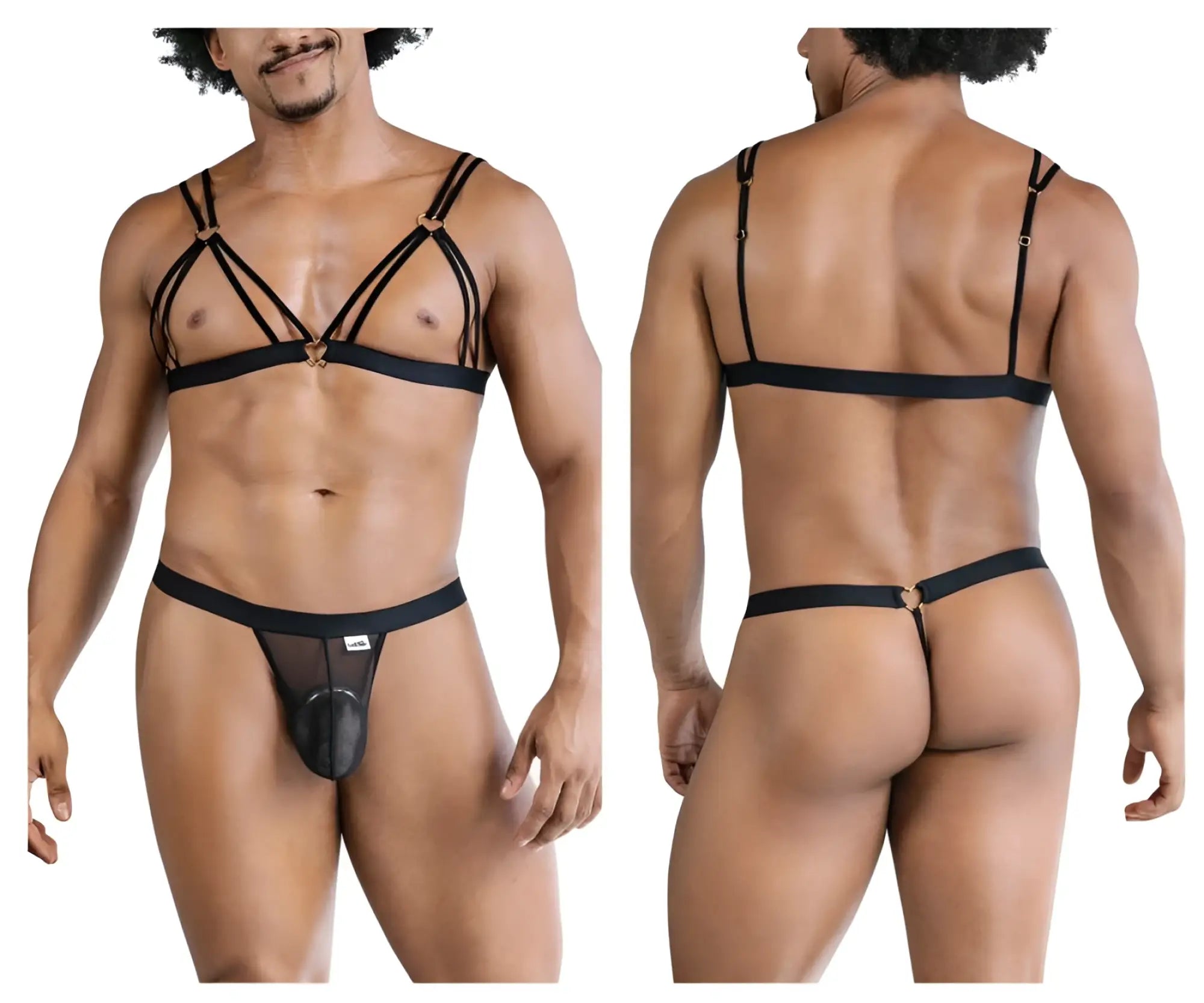 Black mesh thong with solid black triangular front panel and adjustable straps from CandyMan 99838 two piece outfit