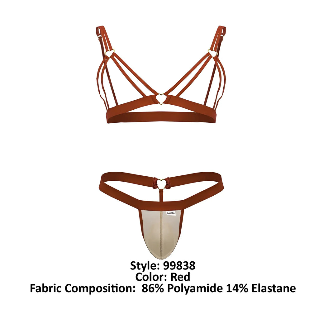 Red CandyMan 99838 two piece bra and thong set with heart shaped metal clasps in a sensual lingerie design