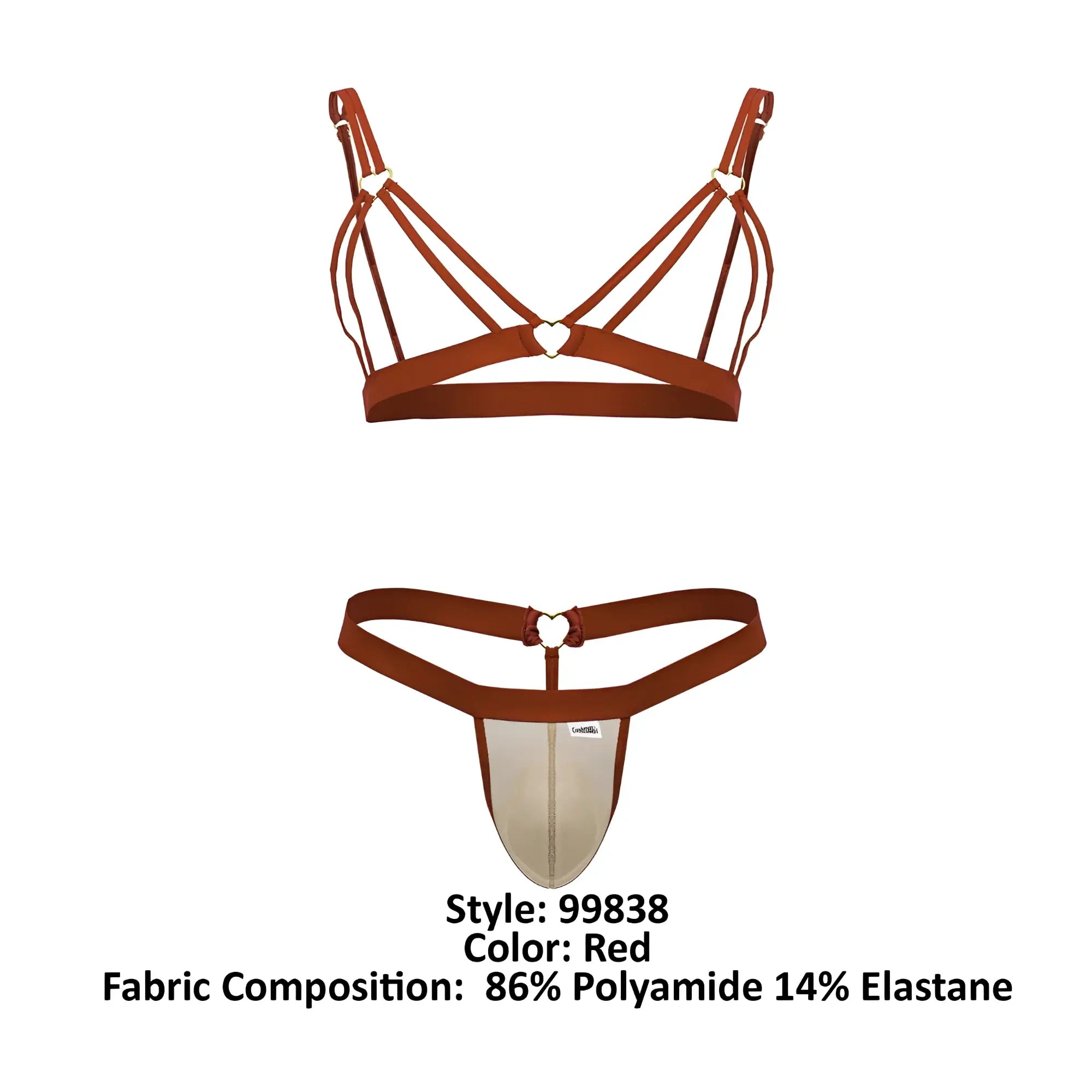 Red CandyMan 99838 two piece bra and thong set with heart shaped metal clasps in a sensual lingerie design