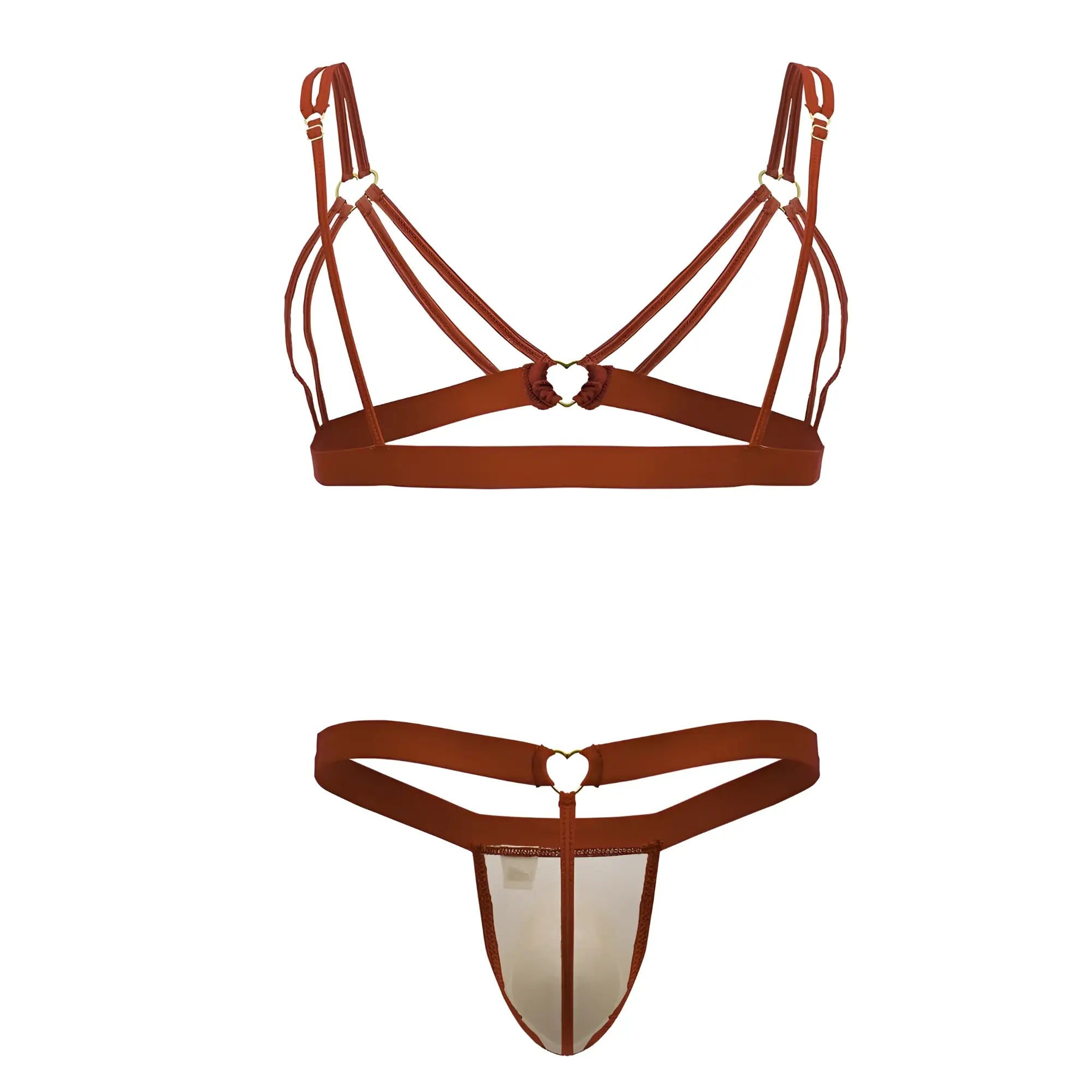 Red candyman 99838 two piece leather-like bra and thong set with heart-shaped metal clasps