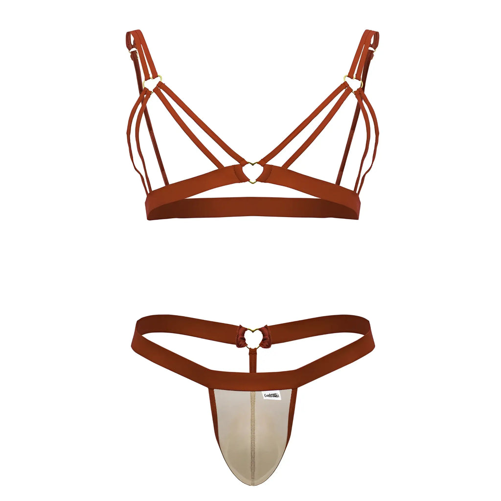 Rust-colored CandyMan 99838 two piece bra and thong set with strappy design and heart-shaped metal accents