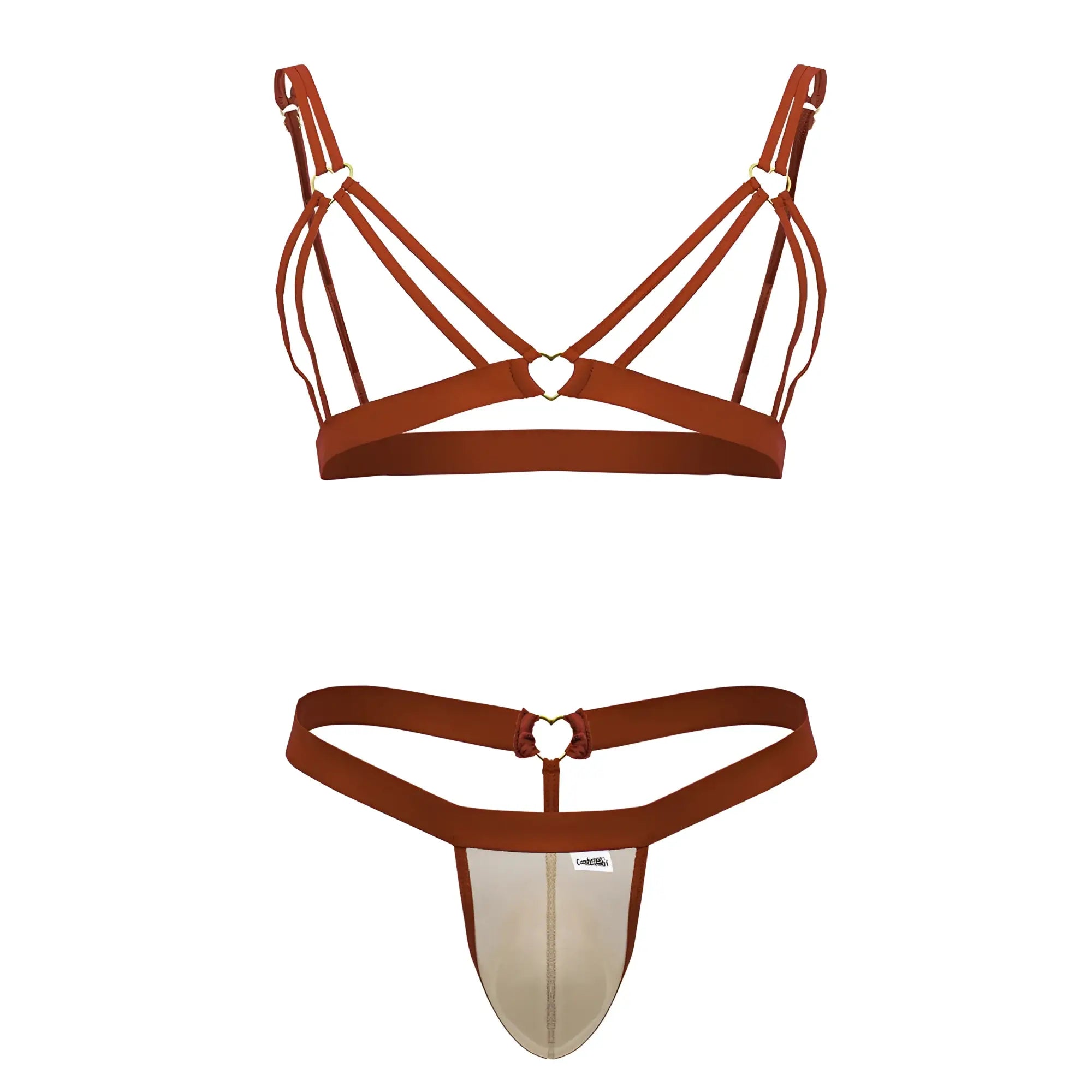 Rust-colored CandyMan 99838 two piece bra and thong set with strappy design and heart-shaped metal accents