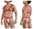 Red strappy harness-style thong with white sheer front panel from CandyMan 99838 two piece outfit in red