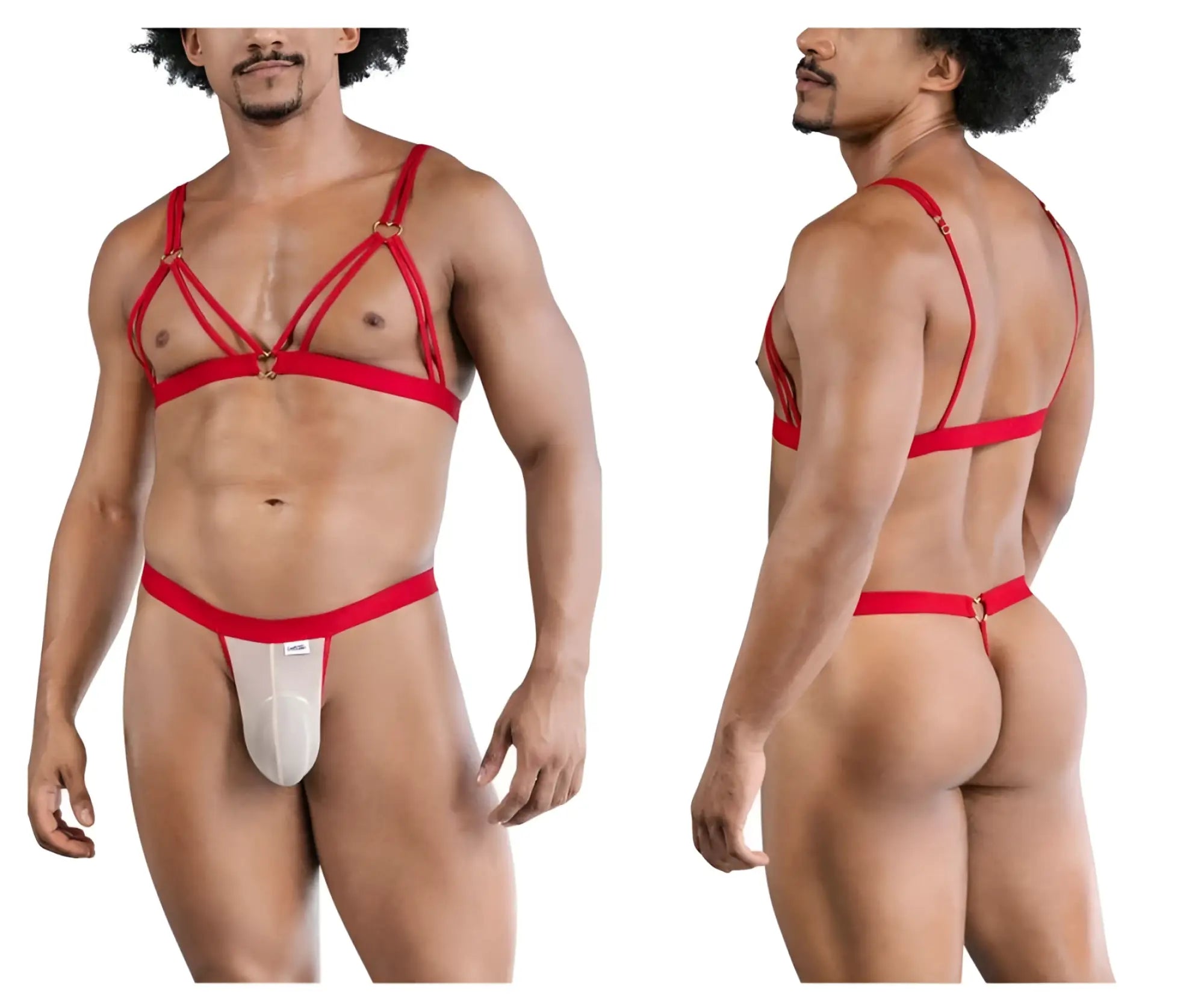 Red strappy harness-style thong with white sheer front panel from CandyMan 99838 two piece outfit in red