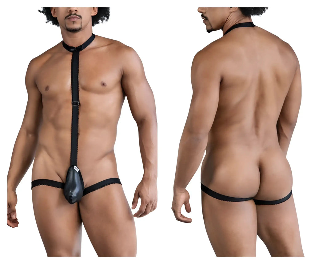 Black leathery harness with central pouch and adjustable straps from candyman 99839 black tie thongs in black