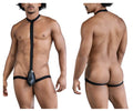 Black leathery harness with central pouch and adjustable straps from candyman 99839 black tie thongs in black