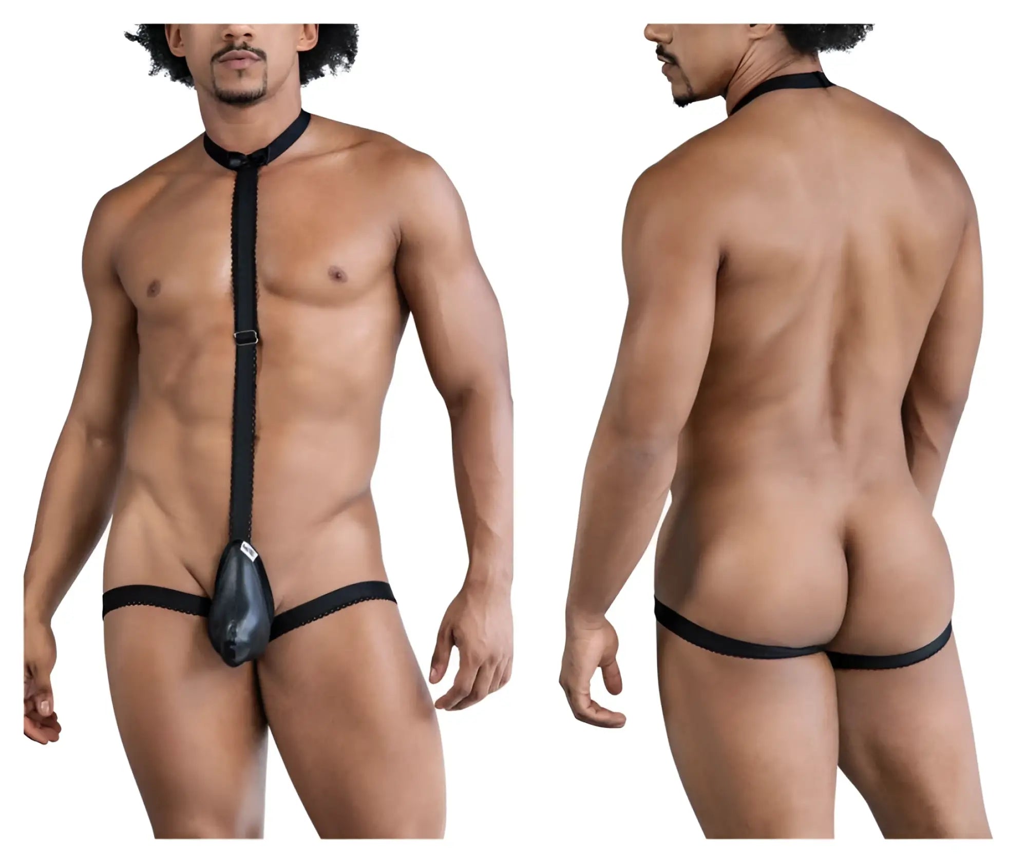 Black leathery harness with central pouch and adjustable straps from candyman 99839 black tie thongs in black