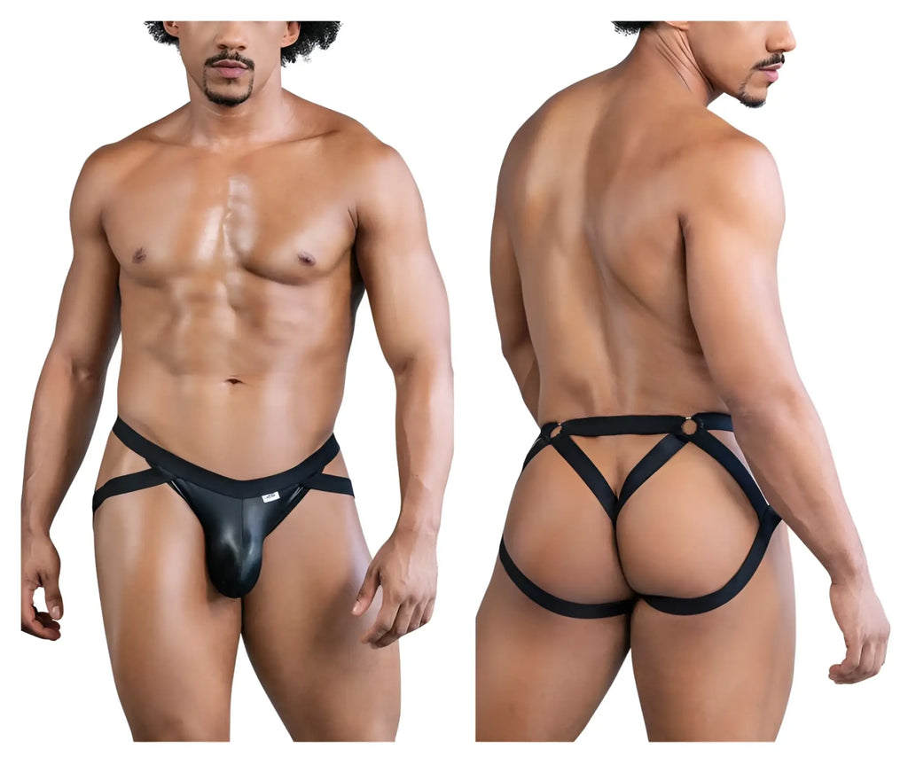 Black leather-like CandyMan 99840 crisscross thong briefs with central pouch and harness-style straps
