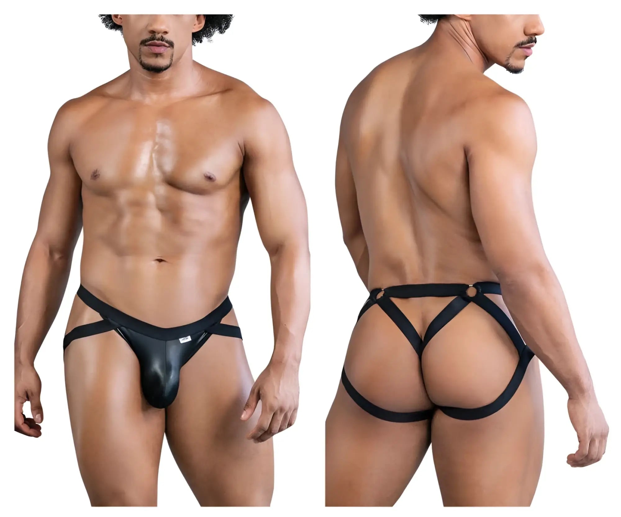 Black leather-like CandyMan 99840 crisscross thong briefs with central pouch and harness-style straps