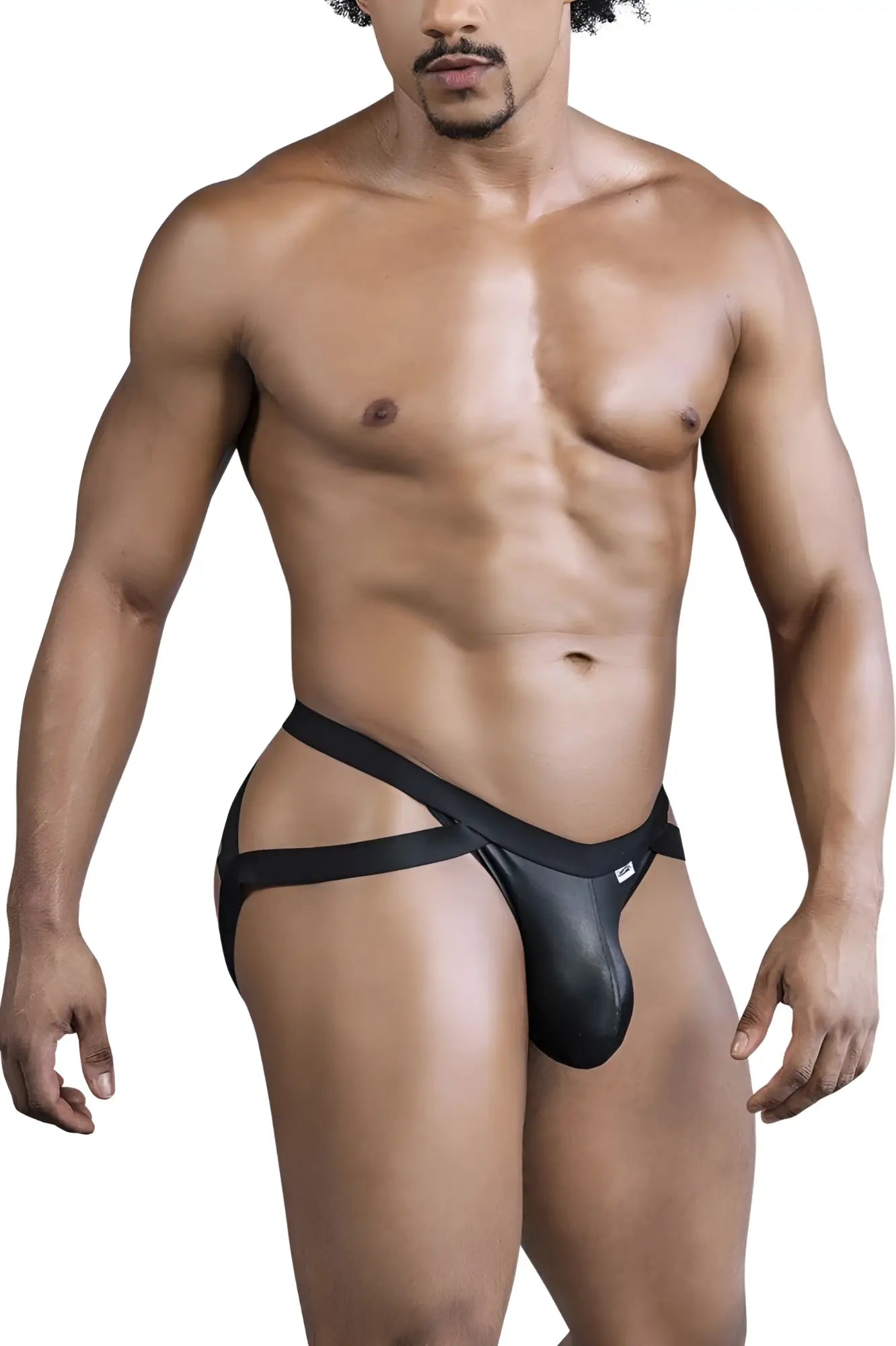 Black leather-like crisscross thong with sleek form-fitting design and small brand tag on the waistband by candyman
