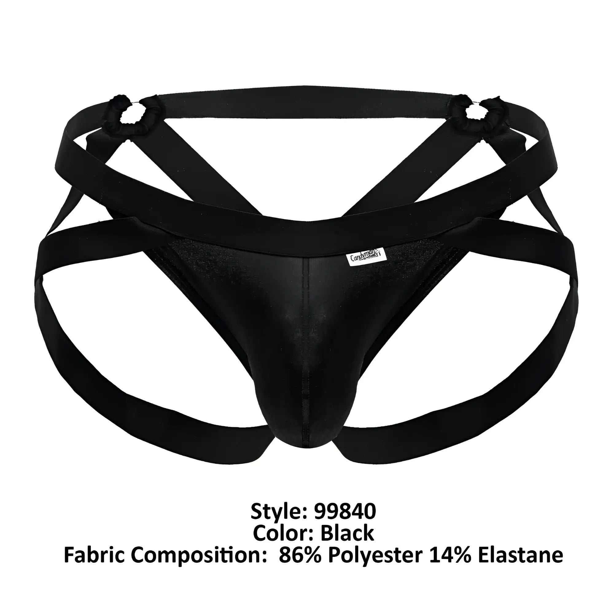 Black mens harness-style briefs candyMan 99840 with shiny stretchy fabric and crisscross elastic straps in black