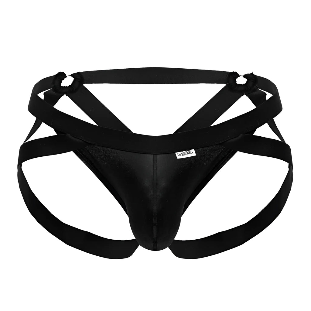 Black satin candyMan 99840 crisscross thong with elastic straps and branded tag showing front side details