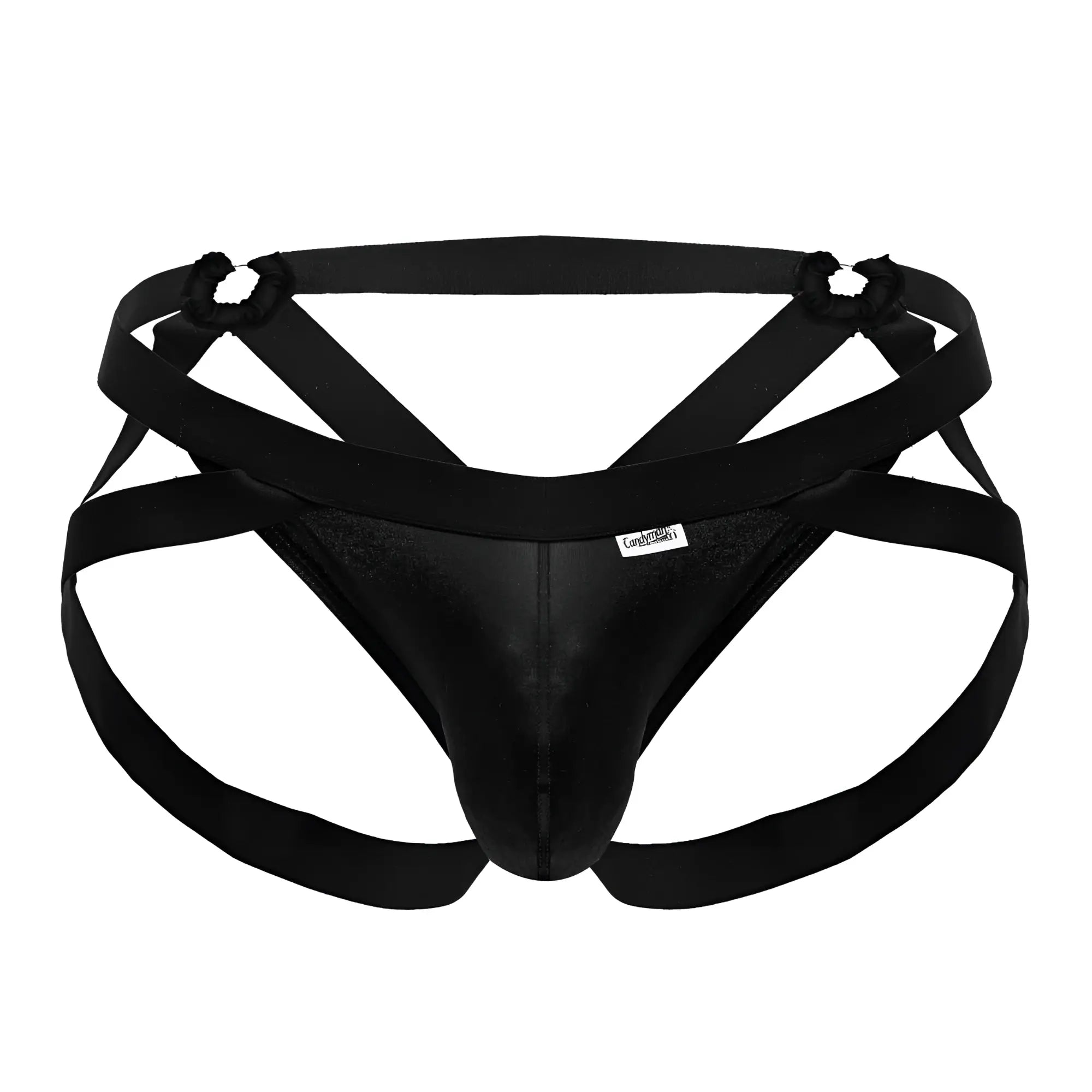Black satin candyMan 99840 crisscross thong with elastic straps and branded tag showing front side details