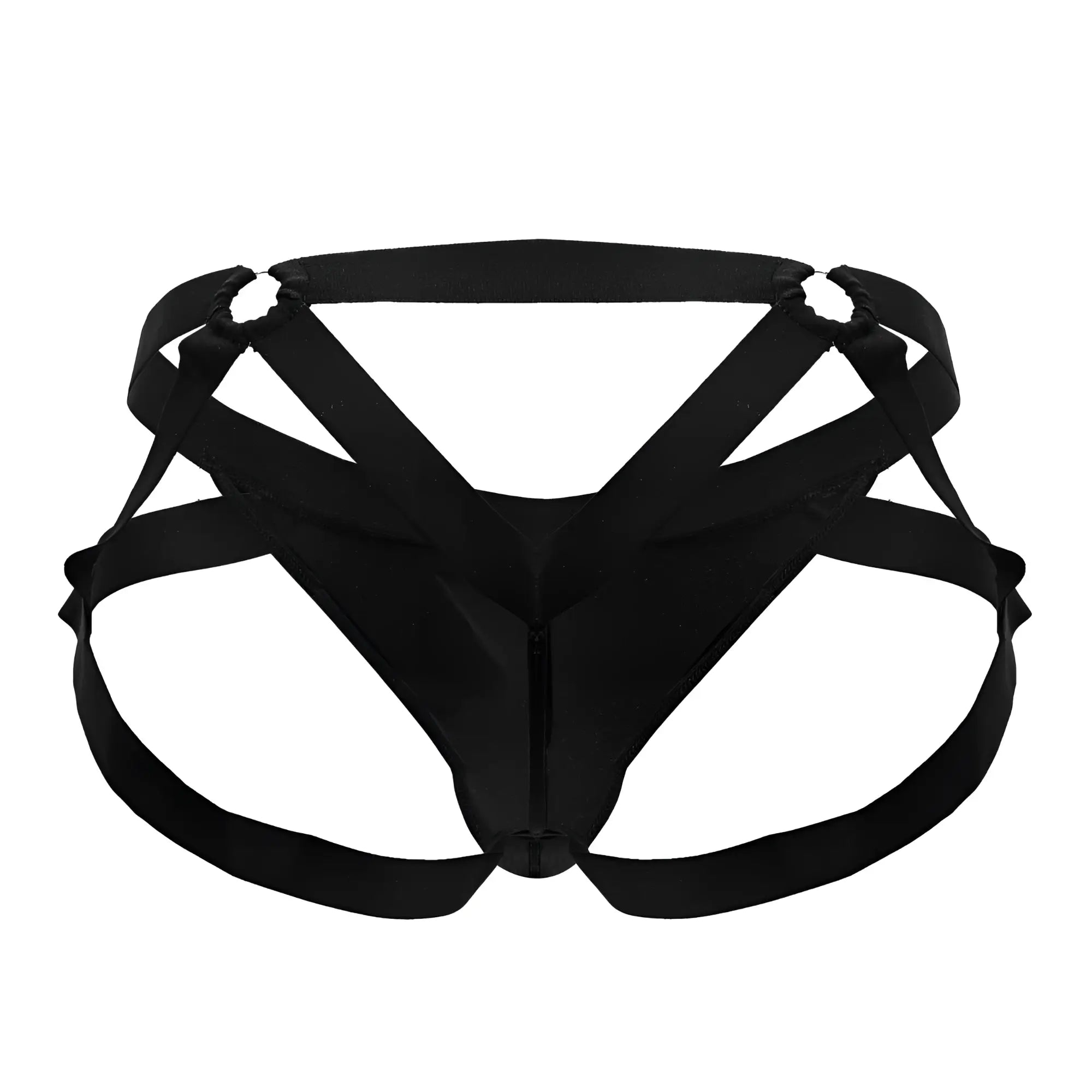 Black satin CandyMan 99840 crisscross thong briefs with central zipper and adjustable harness straps