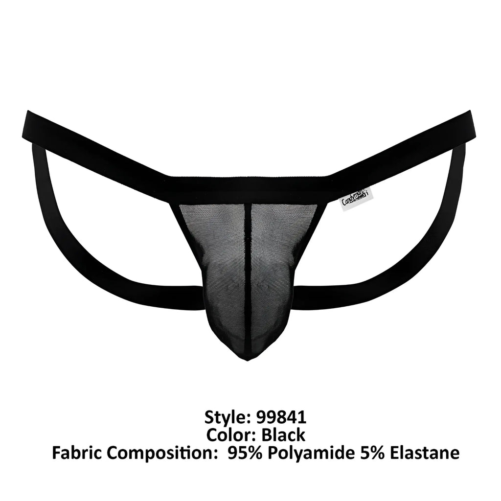 Black mesh thong candy man 99841 with solid black elastic waistband and leg straps front view