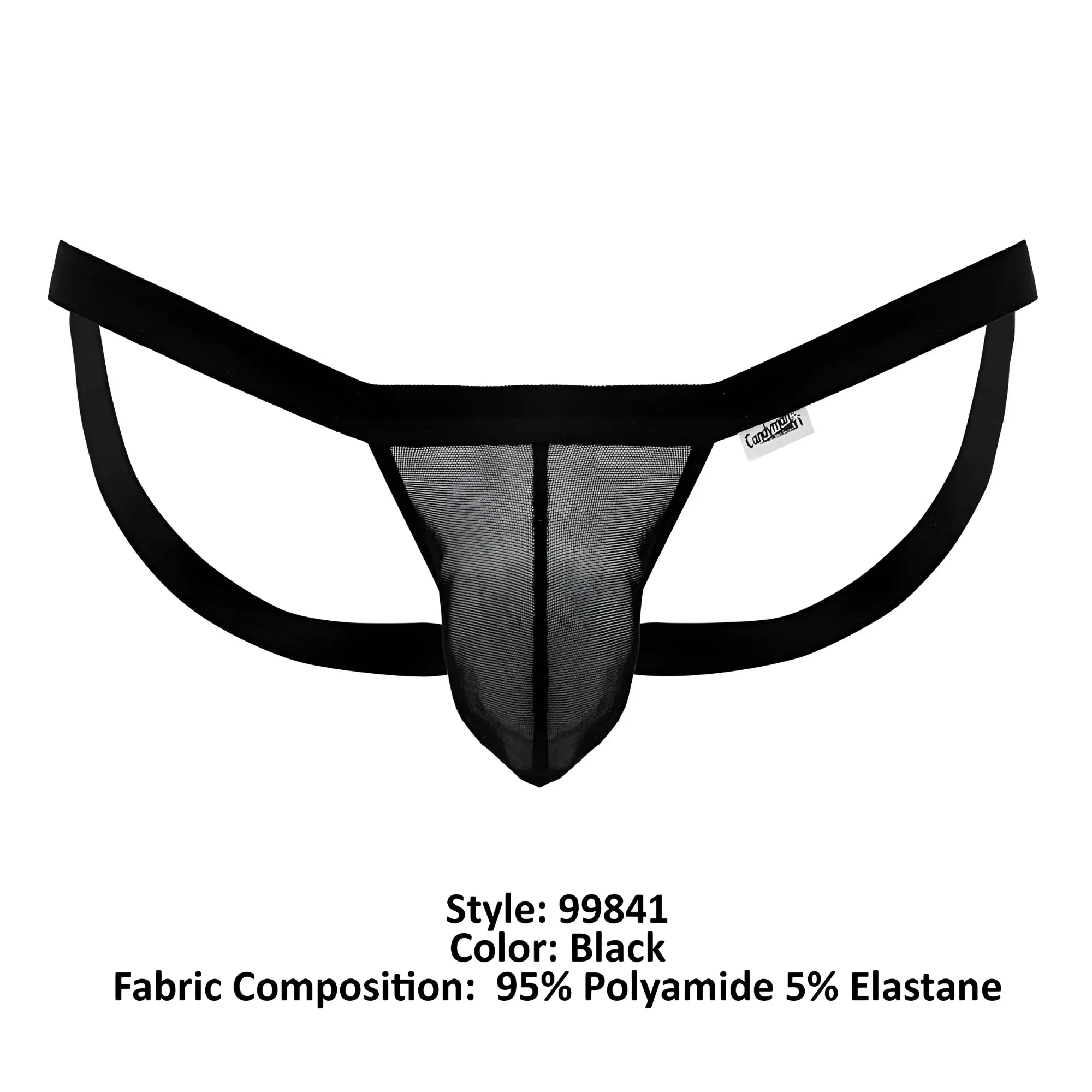 Black mesh thong candy man 99841 with solid black elastic waistband and leg straps front view
