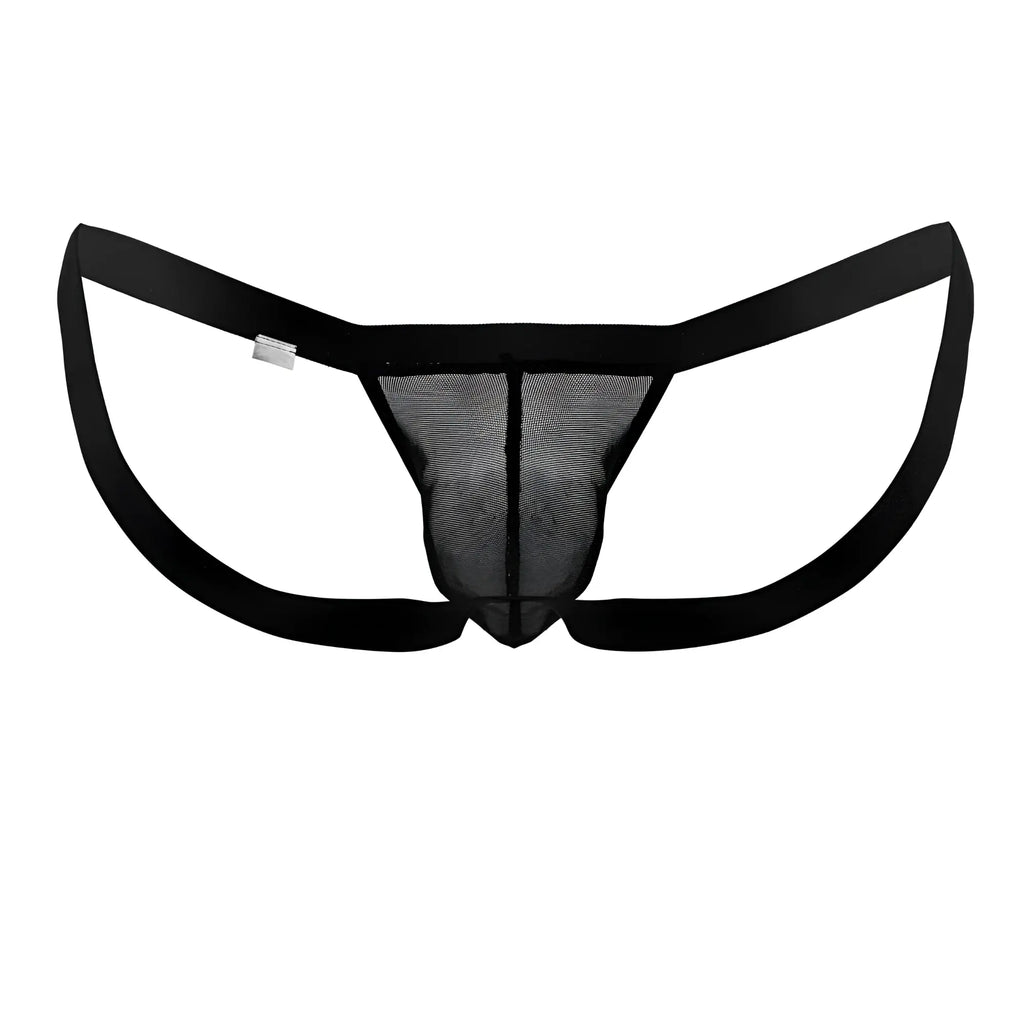 Black mesh thong candy man 99841 with solid black waistband and leg openings shown from the front