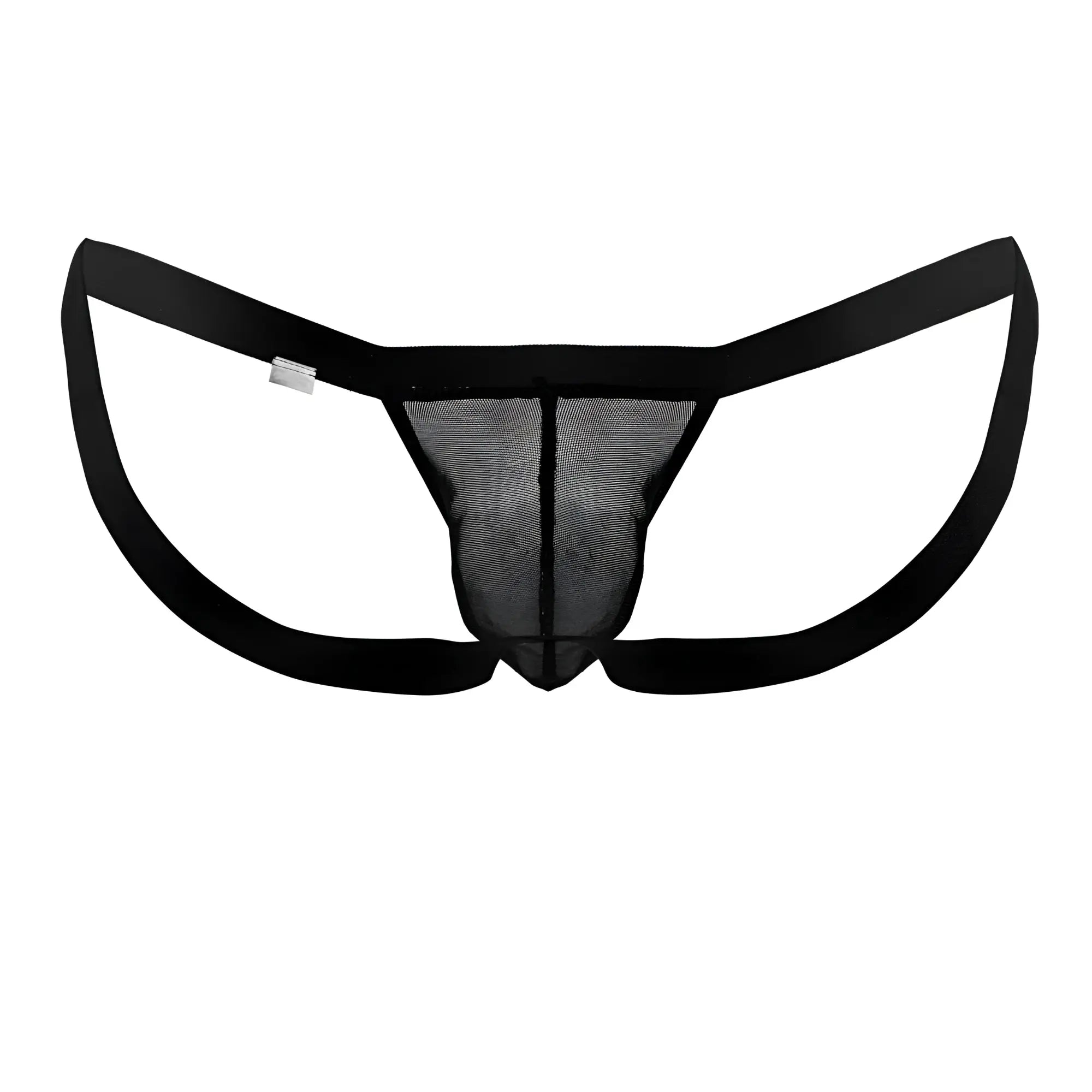Black mesh thong candy man 99841 with solid black waistband and leg openings shown from the front