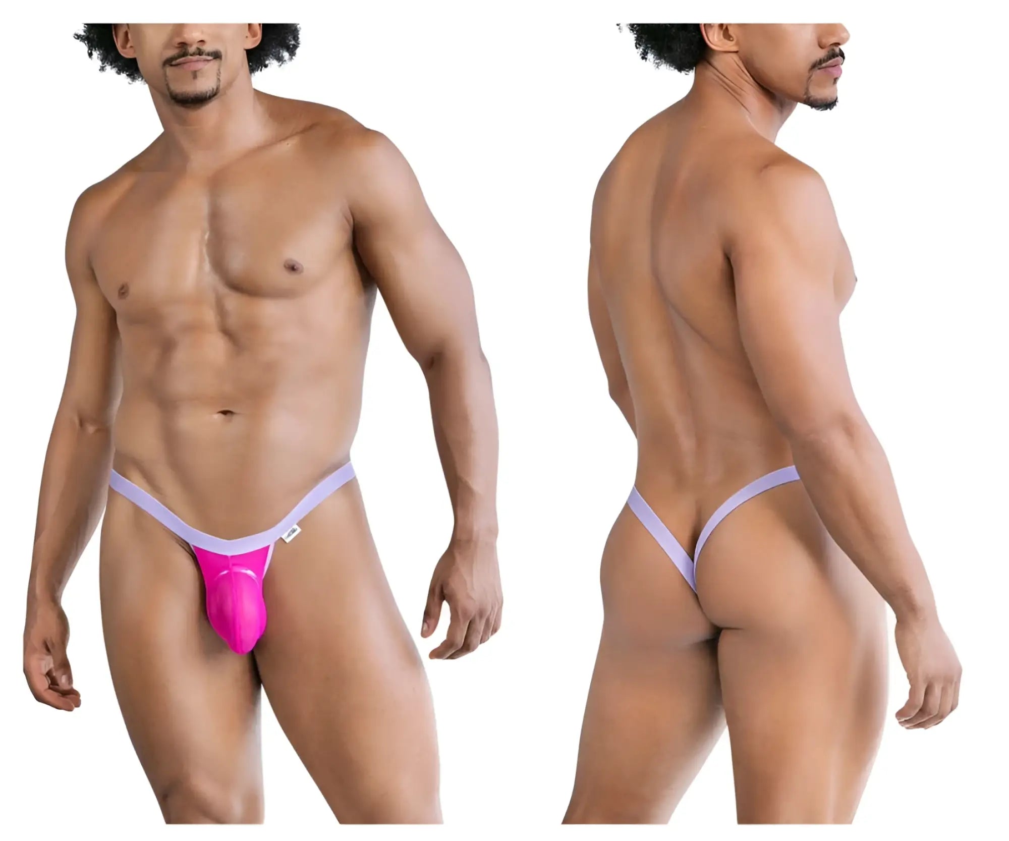 Bright pink and lavender candyMan 99841 mesh thong with supportive contoured design visible from the back side