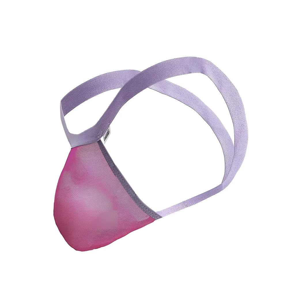 A candy man 99841 mesh thong in hot pink lavender and pink with elastic straps made of breathable mesh fabric