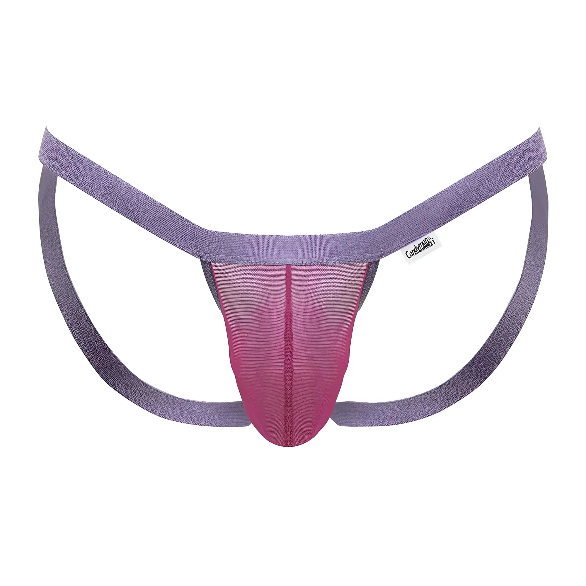 CandyMan 99841 mesh thong in hot pink with purple and pink mesh fabric and wide elastic straps front view
