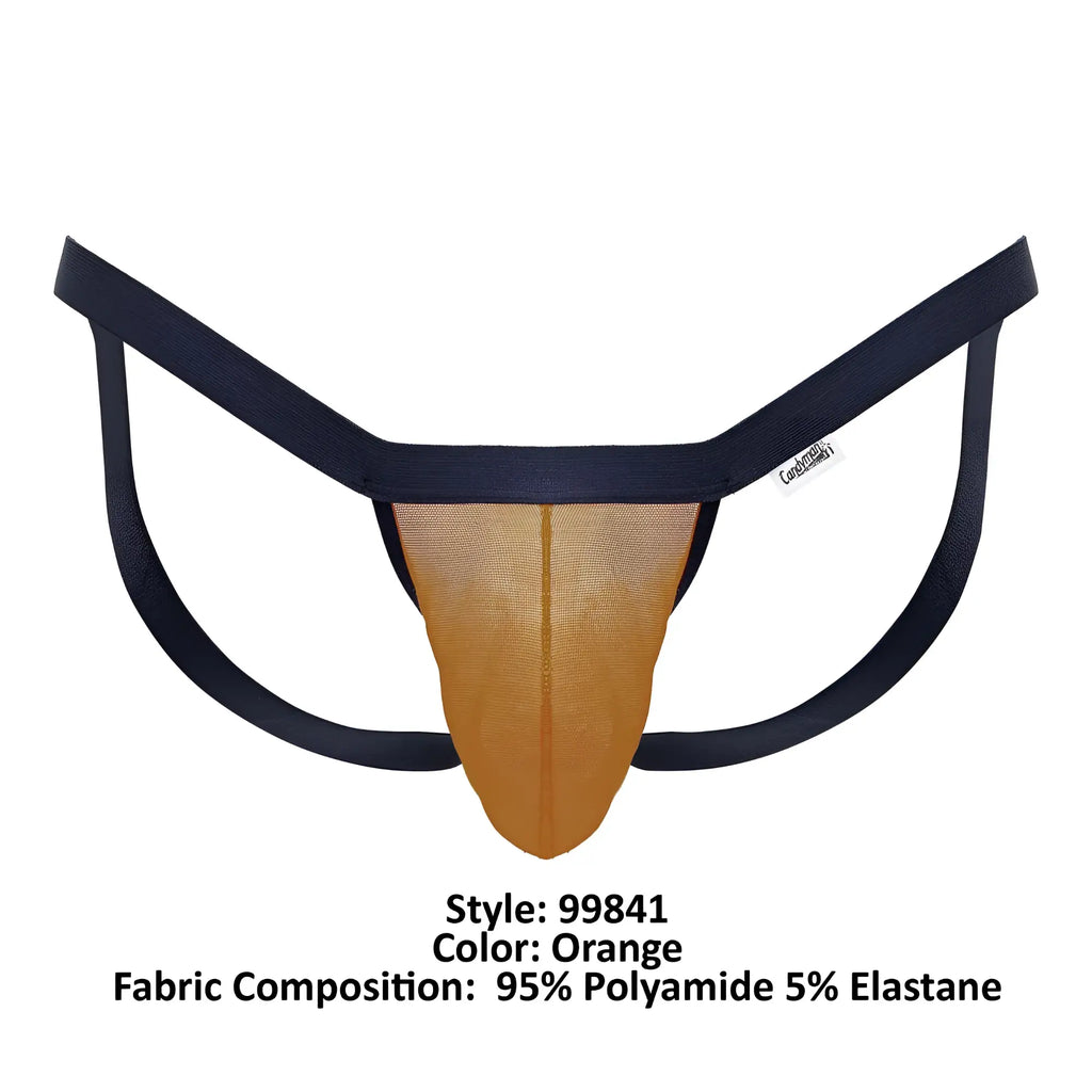 Orangecandyman 99841 mesh thong with black elastic straps featuring breathable mesh material and vibrant orange color