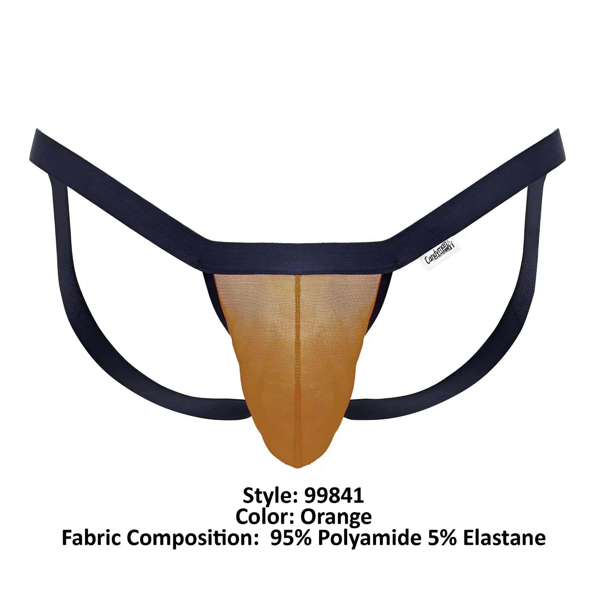 Orangecandyman 99841 mesh thong with black elastic straps featuring breathable mesh material and vibrant orange color