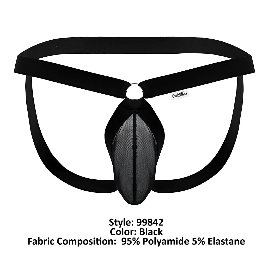 Black CandyMan 99842 mesh jockstrap with solid fabric waistband and central pouch for men