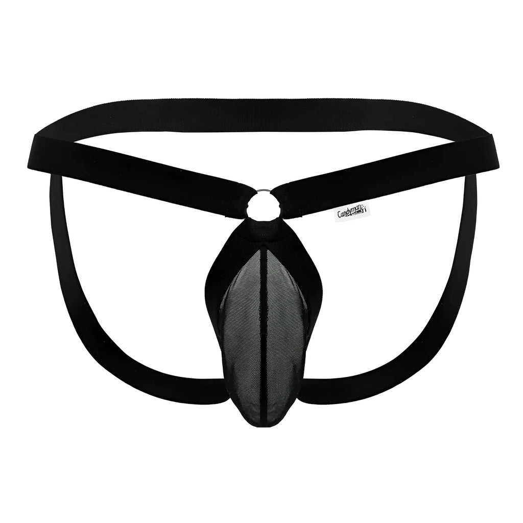 Black mesh thong with solid black elastic waistband and leg straps candyMan 99842 mesh jockstrap color black