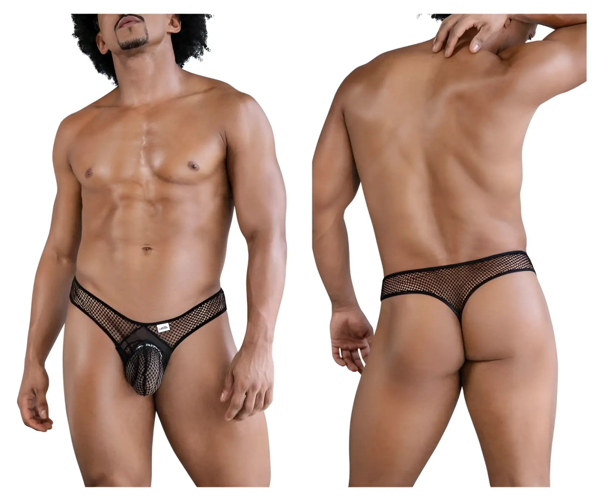 Black mesh thong with central pouch and reinforced waistband from candyman 99843 fishnet thongs collection