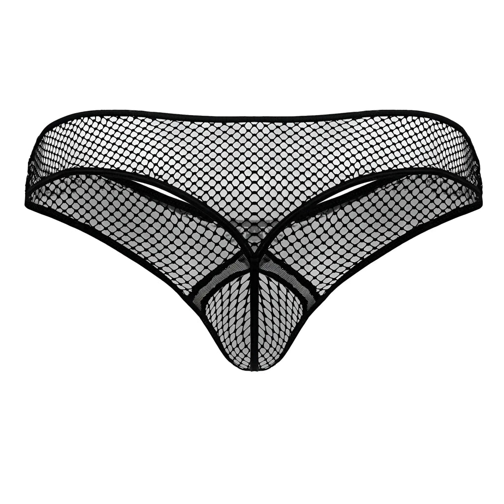 Black mesh thong candyMan 99843 with diamond pattern and reinforced edges in black shown from the back side