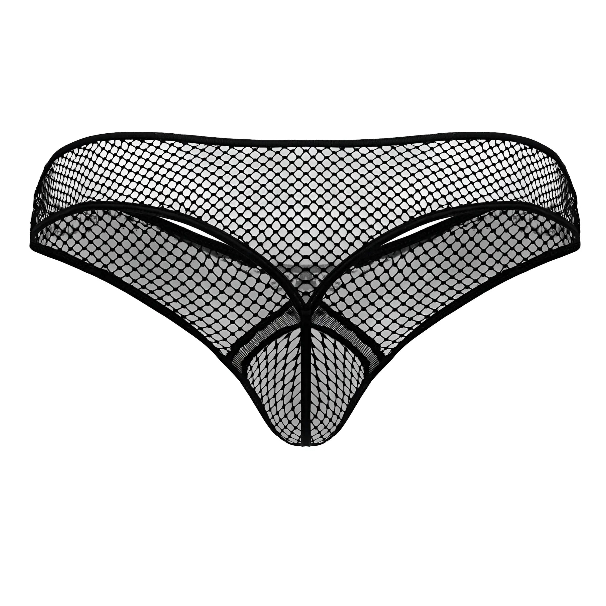 Black mesh thong candyMan 99843 with diamond pattern and reinforced edges in black shown from the back side