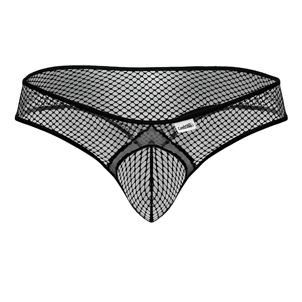 Black mesh thong candy man 99843 with diamond-patterned fishnet design and reinforced waistband
